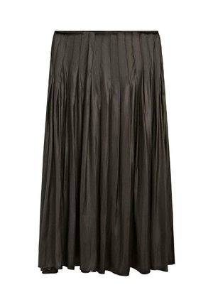 Žebrovaná dlouhá sukně z tmavě šedého saténového materiálu, s vysokým pasem a volným střihem, jemnou texturou a mírným leskem.