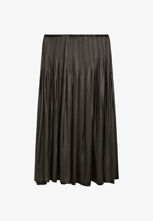 Faltenrock aus dunkelgrauem Satin, mit hoher Taille und fließendem Design, weicher Textur und dezentem Glanz.