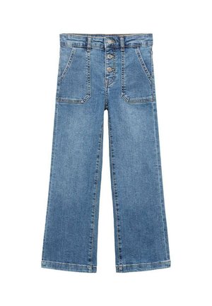 Light blue wide-leg jeans, denim material, high-waisted with button fly, five pockets, classic straight-cut design, and clean finish.