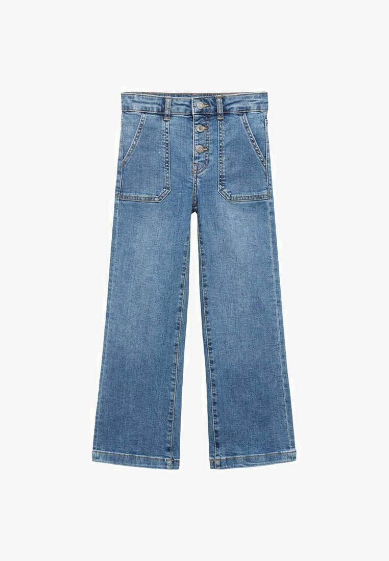 Svijetloplave široke traperice, traper materijal, visokog struka s dugmetima, pet džepova, klasični ravni kroj i čista završna obrada.