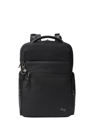 Black Hedgren backpack with multiple zippered compartments, a top handle, adjustable shoulder straps, and a small keyring accessory on the front zipper.