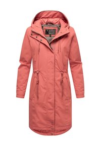 Water-resistant light pink waterproof jacket with a hood, drawstring waist, front zip closure, and side pockets. Smooth texture and lined interior.