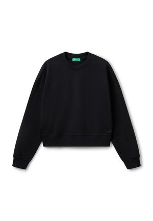 Schwarzes, kurzes Sweatshirt aus weichem Stoff mit Rundhalsausschnitt, fallenden Schultern und gerippten Bündchen. Mit minimalem Branding am Saum.