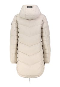 Beige pufferjack met een chevron-gestikte patroon, capuchon en elastische manchetten. Heeft een trekkoord aan de onderkant en een label bij de hals.