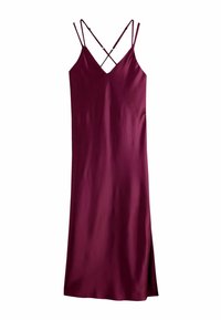 Bordowa sukienka midi z cienkimi ramiączkami, krzyżowym tyłem, gładką fakturą oraz bocznym rozcięciem, które zapewnia swobodę ruchów. Elegancki i dopasowany krój.