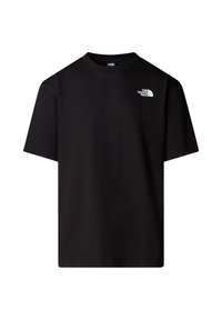 T-shirt nera in cotone con scollo rotondo e maniche corte. Presenta un logo bianco sul lato sinistro superiore del petto. Design semplice e monocolore.