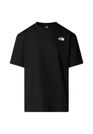 T-shirt nera in cotone con scollo rotondo e maniche corte. Presenta un logo bianco sul lato sinistro superiore del petto. Design semplice e monocolore.