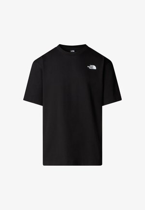 T-shirt nera in cotone con scollo rotondo e maniche corte. Presenta un logo bianco sul lato sinistro superiore del petto. Design semplice e monocolore.