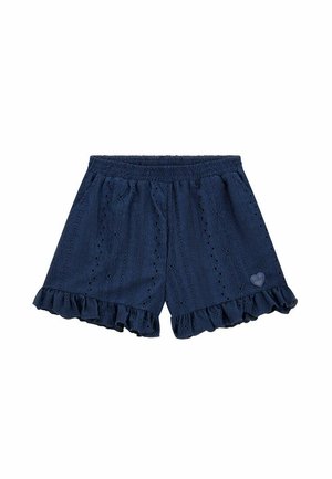 Pantaloni corti blu in tessuto testurizzato con motivi in pizzo. Vita elastica, orlo arricciato e una piccola accentuazione a forma di cuore nella parte frontale.