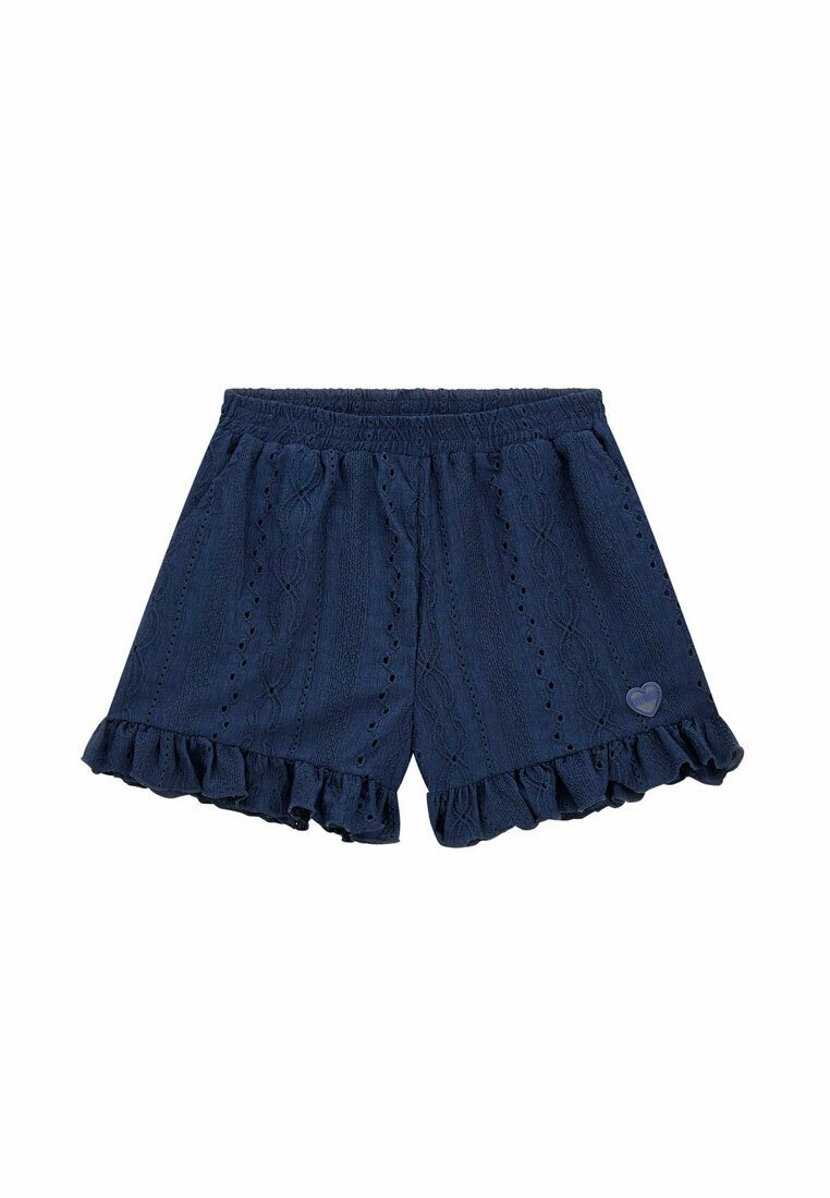 Pantaloni corti blu in tessuto testurizzato con motivi in pizzo. Vita elastica, orlo arricciato e una piccola accentuazione a forma di cuore nella parte frontale.