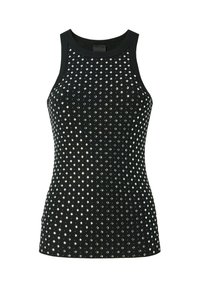 Top tank senza maniche nero a coste decorato con rhinestones argento disposti in un motivo a diamante, con scollo rotondo e vestibilità aderente.
