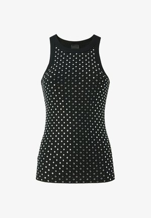 Top sin mangas de canalé negro adornado con rhinestones plateados en un patrón de diamante, con un escote redondo y una silueta ajustada.