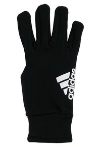 Zwarte handschoenen van rekbaar stof met vijf vingers. Heeft een wit Adidas-logo en diagonale strepen op het polsgebied.