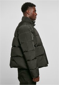 Chaqueta puffer de color verde oscuro con cuello alto. Presenta secciones acolchadas, un cierre con cremallera en la parte delantera y un ajuste relajado. Textura suave, diseño aislante.
