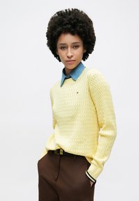 Pull jaune tricoté avec un motif texturé, porté par-dessus une chemise à col bleu clair. Pantalon marron avec une ceinture noire ornée d'une boucle dorée.
