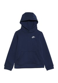 Sudadera Nike de color azul marino con un bolsillo frontal, capucha con cordón y logo blanco en el pecho. Tejido suave, ajuste regular y puños acanalados.