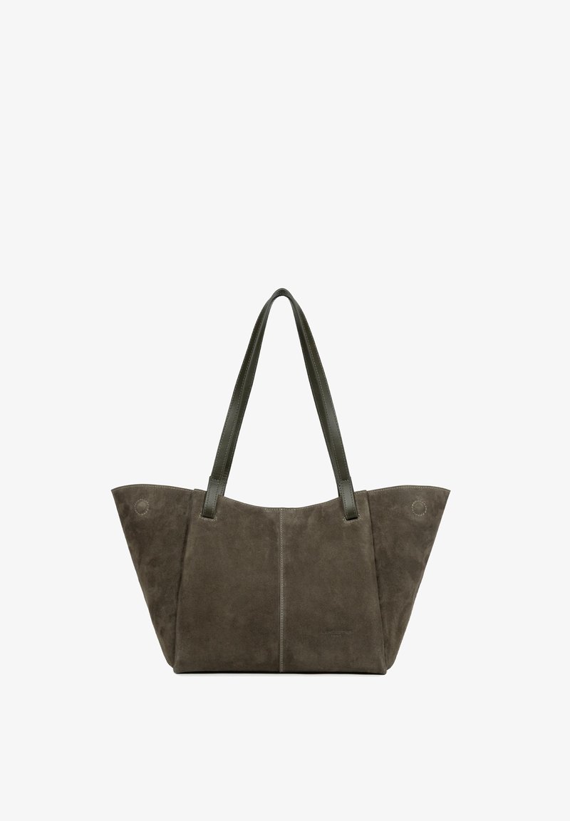 Grand sac cabas en daim marron foncé avec deux longues poignées en cuir et un design simple et structuré.