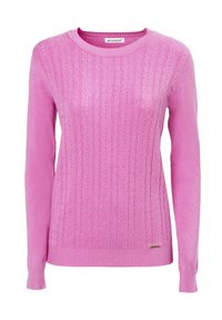 Jersey de punto rosa con un patrón de trenzas, mangas largas y bajo acanalado. Incluye un pequeño logo metálico en la parte inferior.