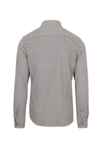 Langsleeve shirt met een klein geometrisch patroon in blauw, beige en bordeaux. Heeft een kraag en knoopmanchetten. Gemaakt van katoen.