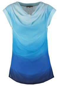 Lyhythihainen paita, jossa on kaulus, ja jossa on liukuvärjäys vaaleansinisestä tummansiniseen, valmistettu pehmeästä, kevyestä kankaasta.