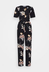 Mono negro con flores que presenta mangas cortas, un escote en V, una cinturilla elástica y un diseño de pantalón fluido con patrones de flores multicolores.