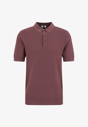 Polo majica kratkih rukava u tamnoj boji mauve s teksturiranim uzorkom, pladnjem s tri gumba te rebrastim ovratnikom i rubom.