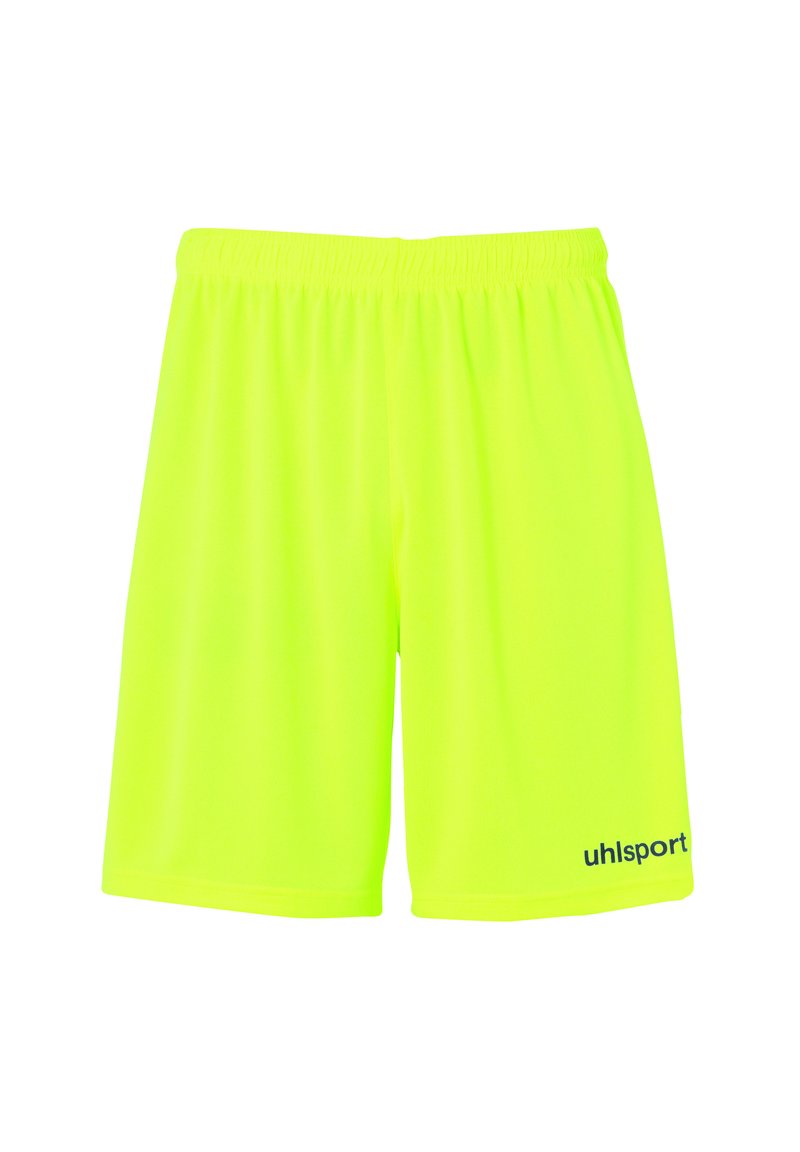 Shorts de sport jaune fluo en tissu léger, dotés d'une taille élastique et d'un petit logo noir sur le coin inférieur gauche.