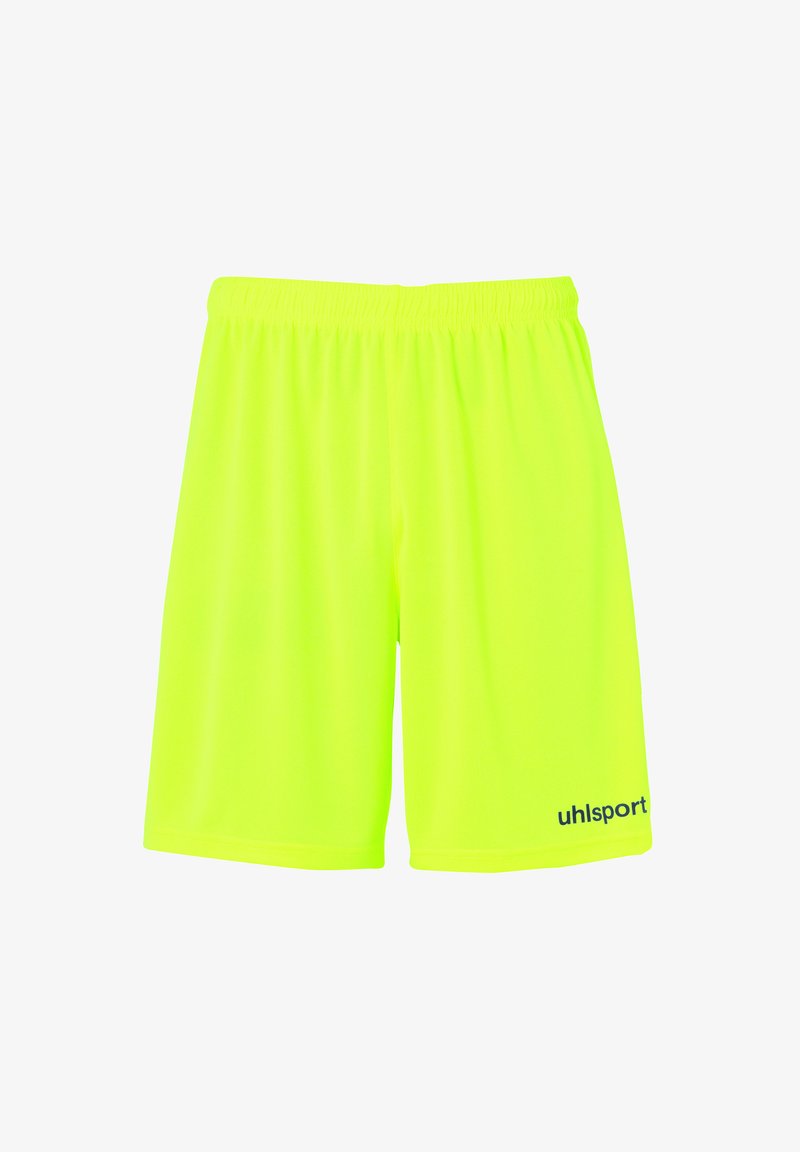 Shorts de sport jaune fluo en tissu léger, dotés d'une taille élastique et d'un petit logo noir sur le coin inférieur gauche.