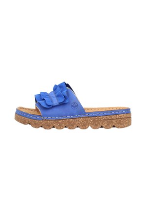Blue suede slide sandal with ruffled strap detail, cork midsole, and scalloped rubber outsole. Sturdy stitching along the edge.