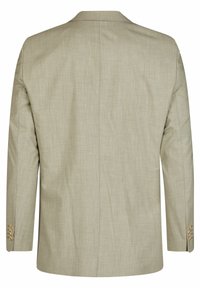 Blazer beige clair en tissu texturé, avec une fente unique au dos et des poignets boutonnés comportant quatre boutons.