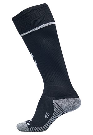 Schwarze kniehohe Socke mit strukturiertem Strickdesign, grauem verstärktem Zehen- und Fersenbereich sowie einem weißen Streifen oben für zusätzliche Details.