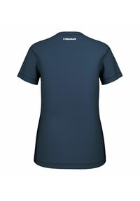 Camiseta de manga corta de color azul marino hecha de tela suave. Presenta un cuello redondo y un logo impreso en la parte superior de la espalda. Diseño sencillo.