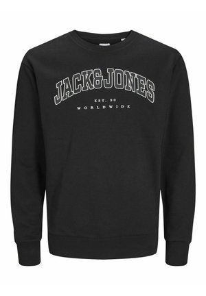 Zwarte crewneck sweatshirt met witte tekst "JACK & JONES EST. 90 WORLDWIDE." Heeft ribgebreide manchetten en onderrand, gemaakt van gladde stof.