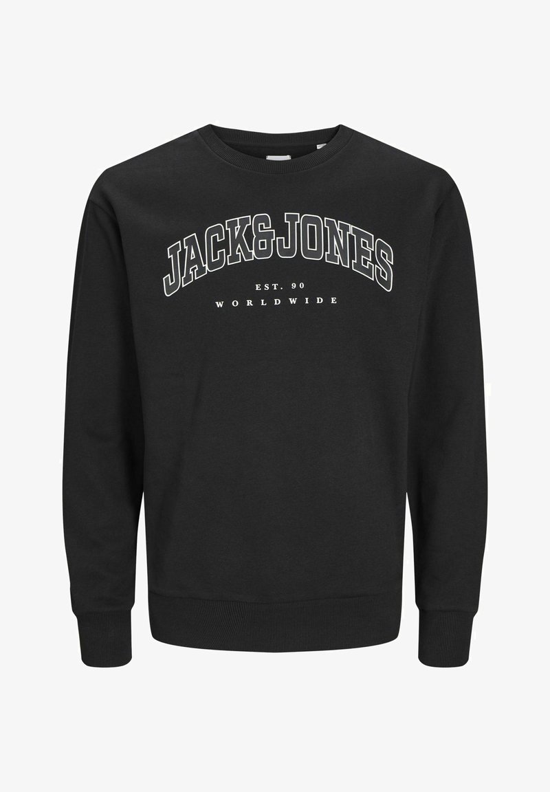 Sudadera negra de cuello redondo con texto blanco que dice "JACK & JONES EST. 90 WORLDWIDE." Presenta puños y dobladillo de canalé, fabricada con un tejido suave.