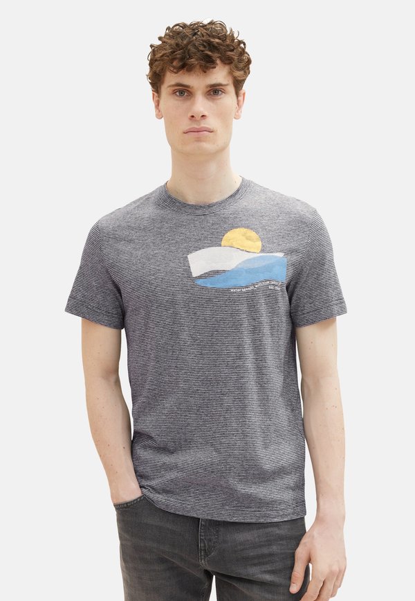 GESTREIFTES KURZARMSHIRT MIT RUNDHALSAUSSCHNI - T-Shirt print - dunkelblau