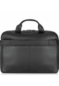 Czarna skórzana teczka o gładkiej fakturze, z podwójnymi uchwytami u góry i zamknięciem na zamek. Posiada przednią kieszeń z delikatnie wytłoczonym wzorem.