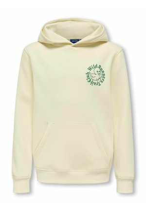 Crème-kleurige hoodie gemaakt van zacht materiaal met een kangoeroezak, met een "Wild Runners Club" graphic in het groen op de voorkant.