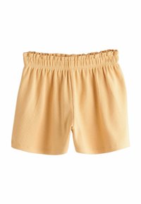 Shorts en tissu côtelé beige avec taille élastique froncée, longueur mi-cuisse, présentés à plat sur fond blanc.
