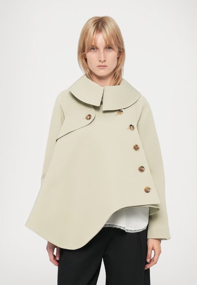 Light green oversized jacket with a large collar, featuring six brown buttons and a curved hem. Smooth texture with a structured design.
