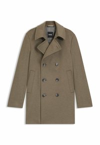 Brun uldblande peacoat med dobbeltknaplukning, slå-om krave, to sidelommer og grå knapper. Foret inderside.