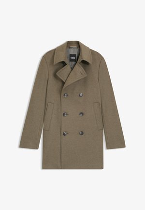 Brown wool blend peacoat featuring a double-breasted front, notched collar, two side pockets, and grey buttons. Lined interior.