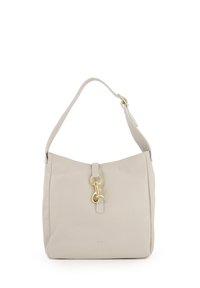 Beige læder skuldertaske med en tekstureret overflade, udstyret med en hardware-klemme i guldfarve og en enkelt justerbar rem.