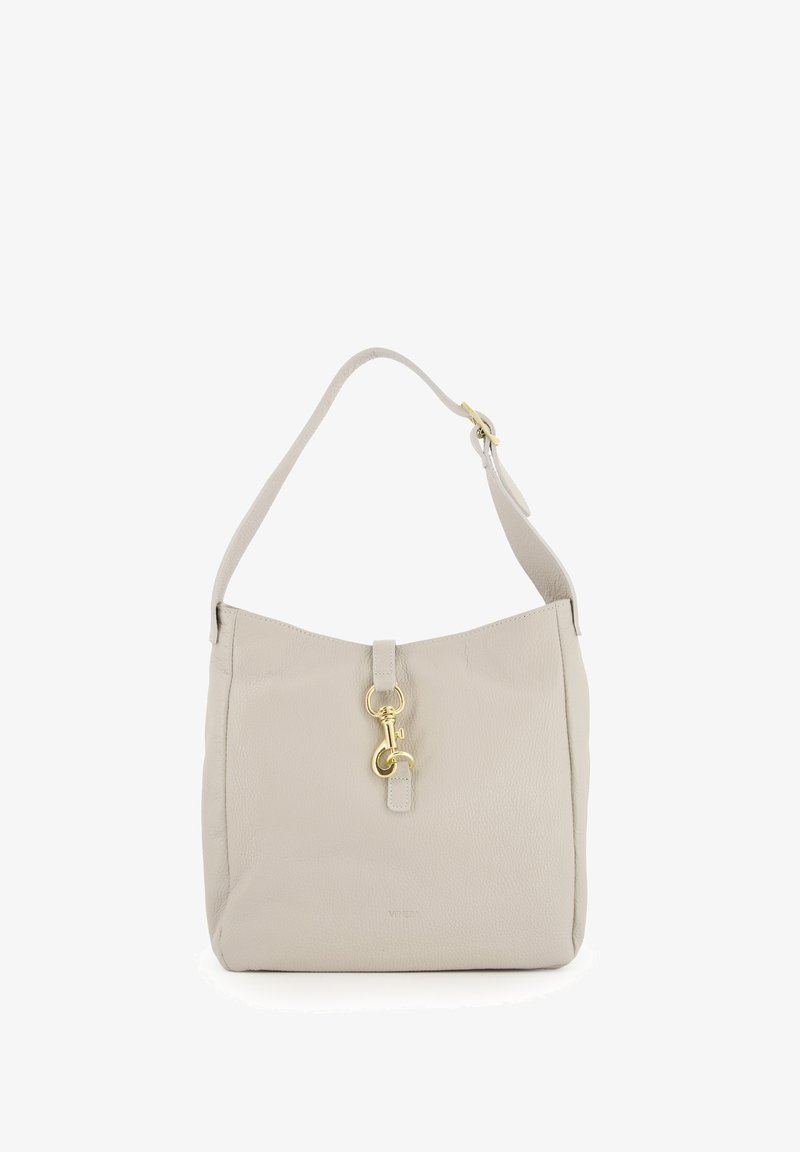 Beige Leder Schultertasche mit strukturiertem Oberflächen, ausgestattet mit einem Verschluss aus goldfarbenem Metall und einem einzigen verstellbaren Tragegurt.