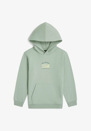 Hellgrüner Hoodie mit einer Fronttasche, Kapuze mit Kordelzug und einem gelben, aufgedruckten Logo auf der Brust. Weiches Material aus Baumwollmischung.