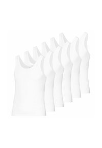 White cotton tank tops in a pack of six. Features a scoop neckline with wide shoulder straps, smooth texture, and a fitted shape.