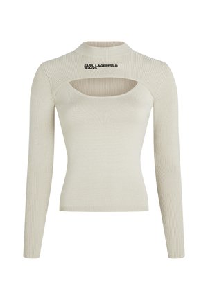 Hellbeige geripptes Langarmoberteil mit hohem Kragen und Cut-Out-Detail, ausgestattet mit dem schwarzen Logo "KARL LAGERFELD JEANS".