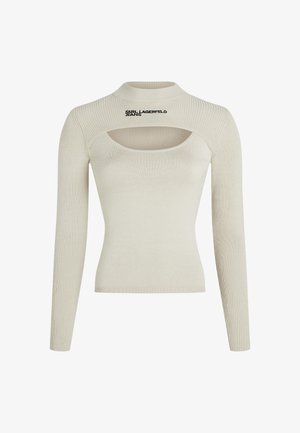 Top de manga larga ribeteado en un suave color beige claro con un cuello alto y detalle de corte, que presenta el logo "KARL LAGERFELD JEANS" en negro.