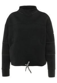 Svart sweatshirt med hög krage, tjockt tyg, strukturerad design och dragsko detaljer vid nederkanten. Har kontrasterande sömnadsdetaljer.
