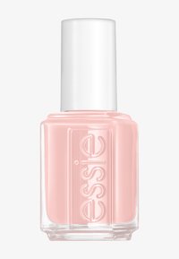 Flacon de vernis à ongles avec une base en verre transparent et un capuchon cylindrique blanc. Le vernis est de couleur rose pâle avec une finition brillante.