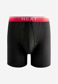 Fekete boxeralsó texturált derékkal, amelyen rózsaszínről pirosra váltó gradiens mintázat látható, és fehér "NEXT" logó található.